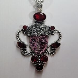 Goddess Pendant Carved Speckled Stone Face Sterling Silver with Garnet